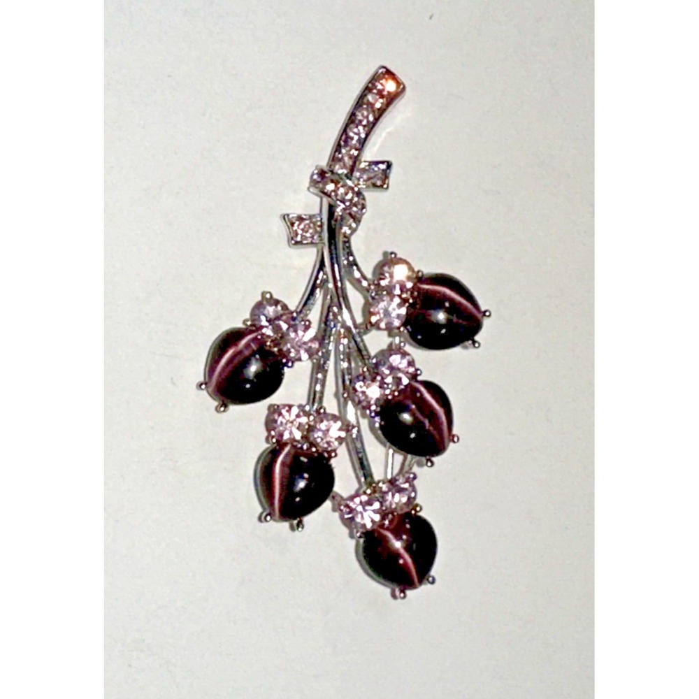 Vintage Cats Eye Brooch‎ Lavender Rhinestones Floral Flower Buds February EUC